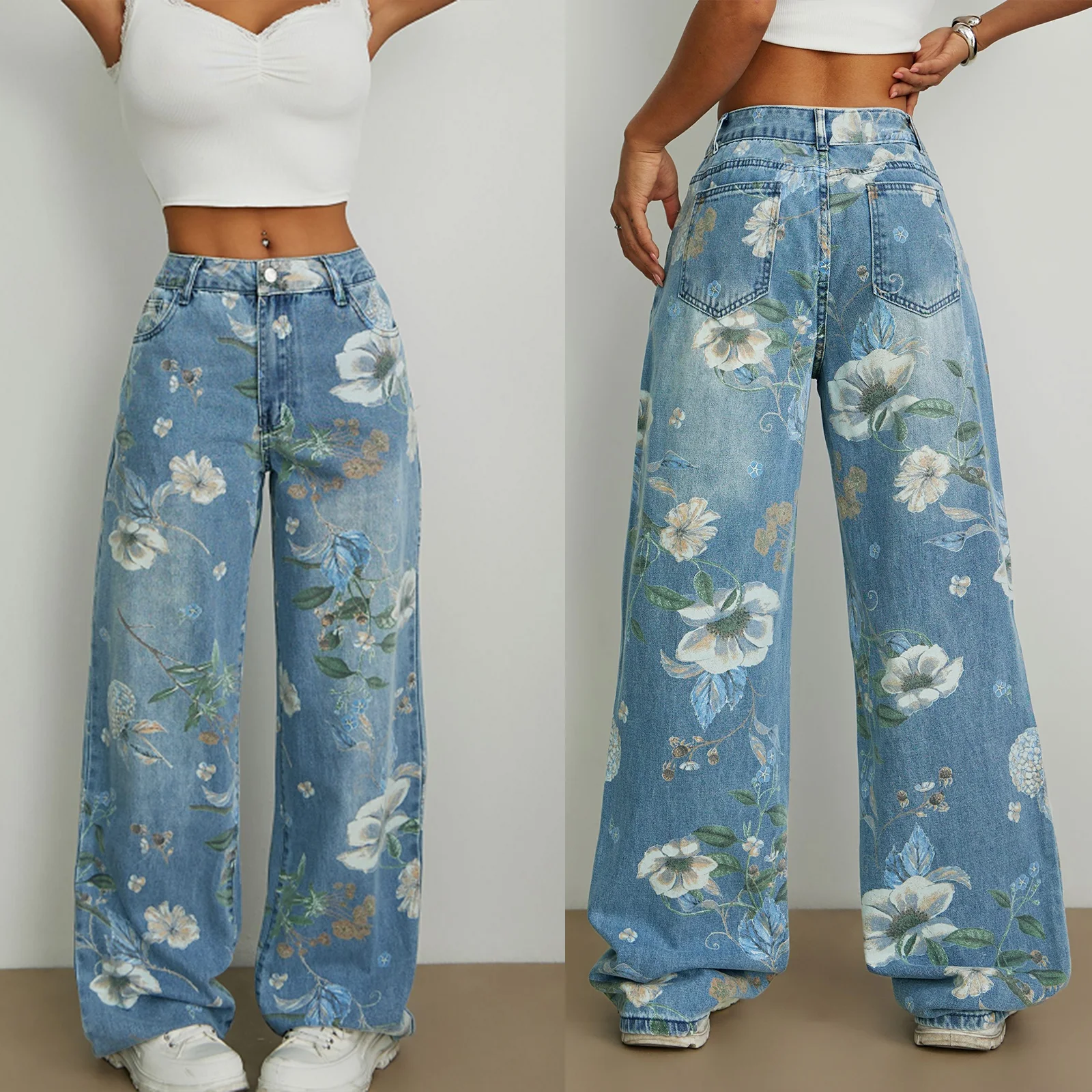 Women Washed Floral Print Denim Baggy Pants Y2K Harajuku Lightweight Low Waist Loose Casual Wide Leg Jeans Trousers 2025