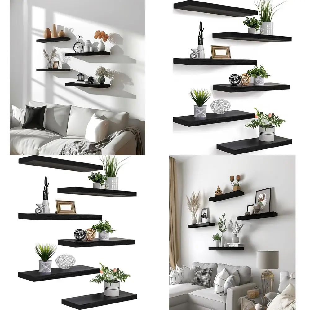 

Black Set of 6 Wall-Mounted Wooden Shelves, 17 for Bedroom Decor