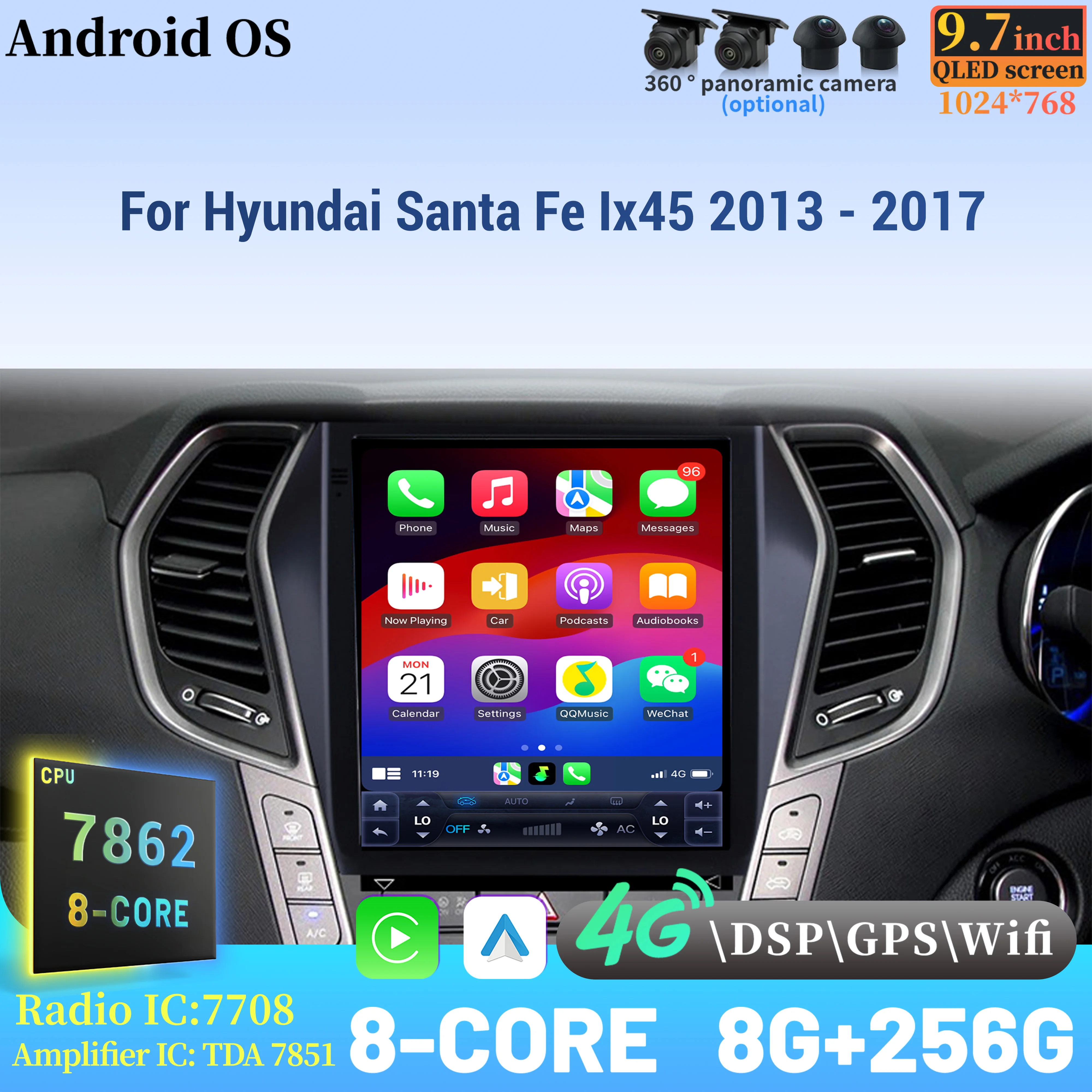 9.7 بوصة لشركة هيونداي سانتا في Ix45 2013 - 2017 أندرويد راديو تلقائي راديو السيارة Carplay الوسائط المتعددة الملاحة شاشة QLED #1