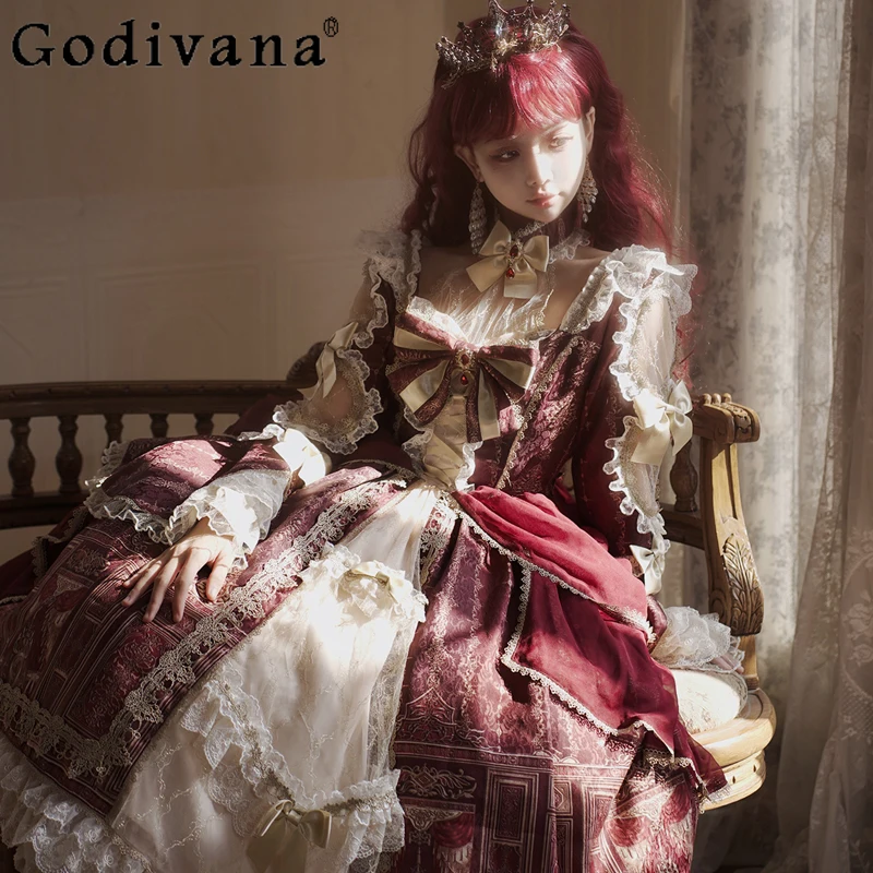 

Japanese Original Lolita Retro Court Style Long-sleeved Dress Turtleneck Horn Sleeve Cos Comics Lace Bow Sweet Cute Lo Skirt