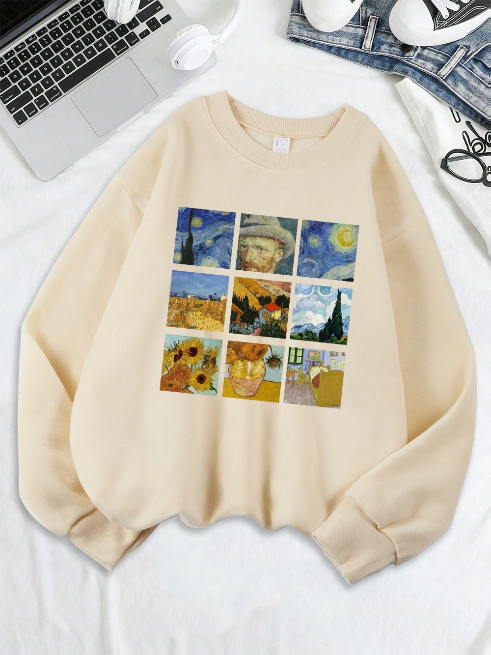 Felpa stampata Notte stellata di Van Gogh Felpa con cappuccio comoda da donna O-Collo in pile sciolto Pullover caldo Top casual da donna invernali