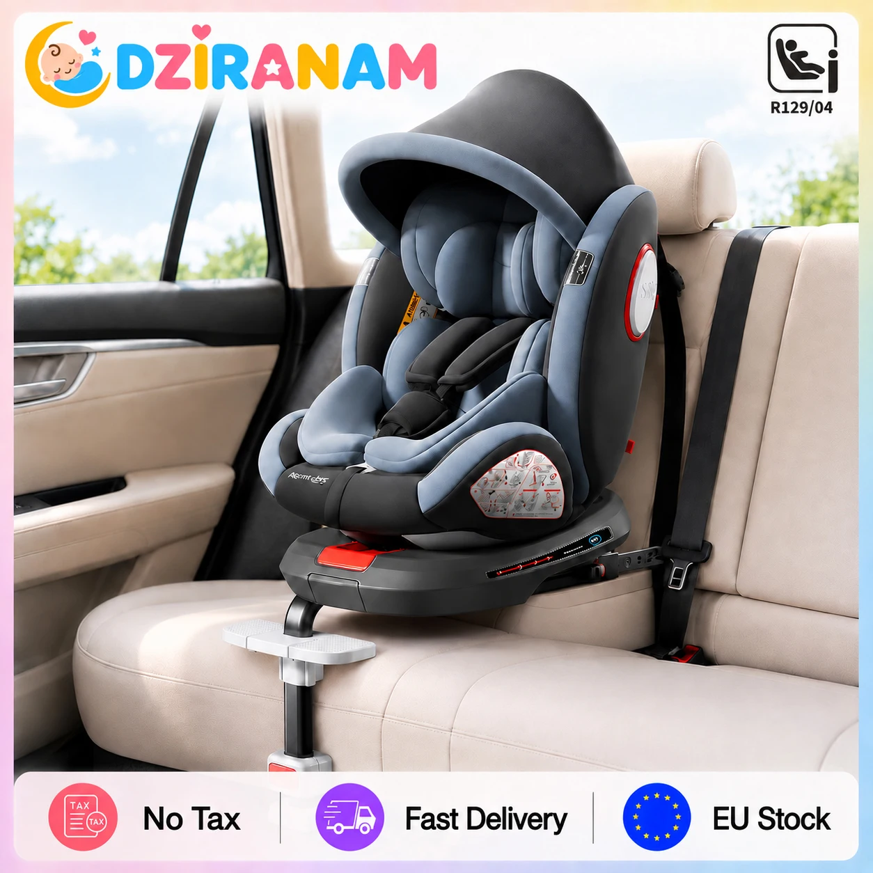 ISOFIX Kindersitz mit Top-Tether-Alarm, 5-Punkt-Gurt und Seitenaufprallschutz, I-Size R129, 40-150 cm, 360°-Drehung °   Drehbare, verstärkte Schale, verstellbare Kopfstütze, 4 Liegepositionen für