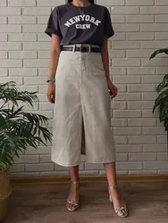 ZHISILAO Vintage Long Skirt for Women Casual High Waist A-line Skirt Split Straight Denim Skirt Summer 2023