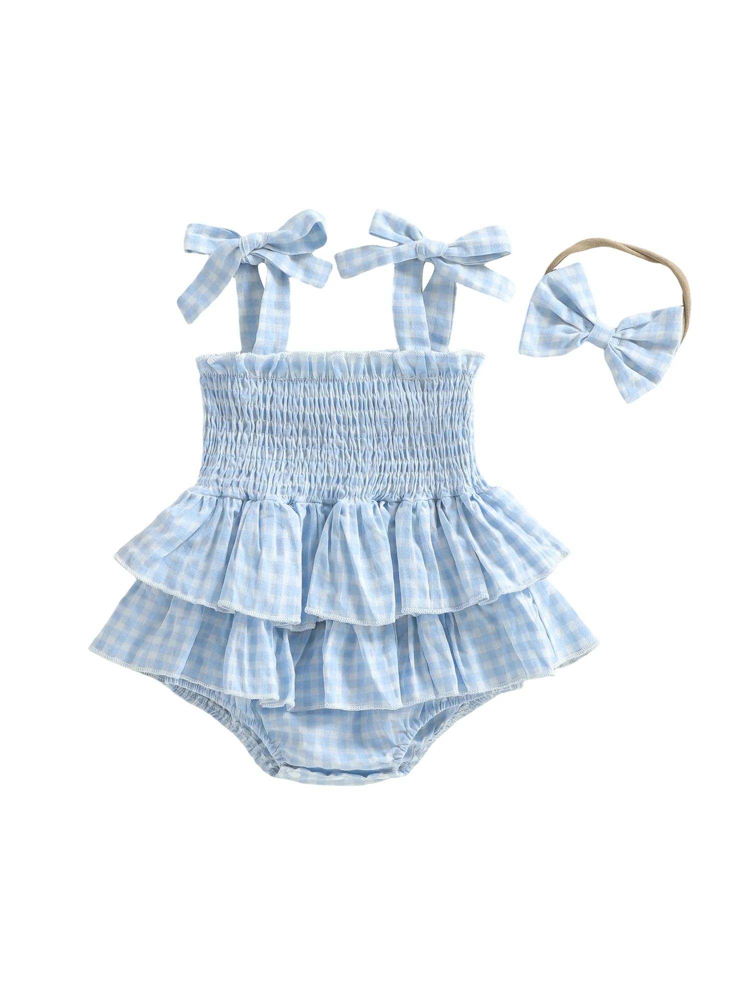 

Toddler Girls 2 Piece Set Sleeveless Square Neck Floral Print Ruffled Layers Romper Dress with Matching Headband Bow