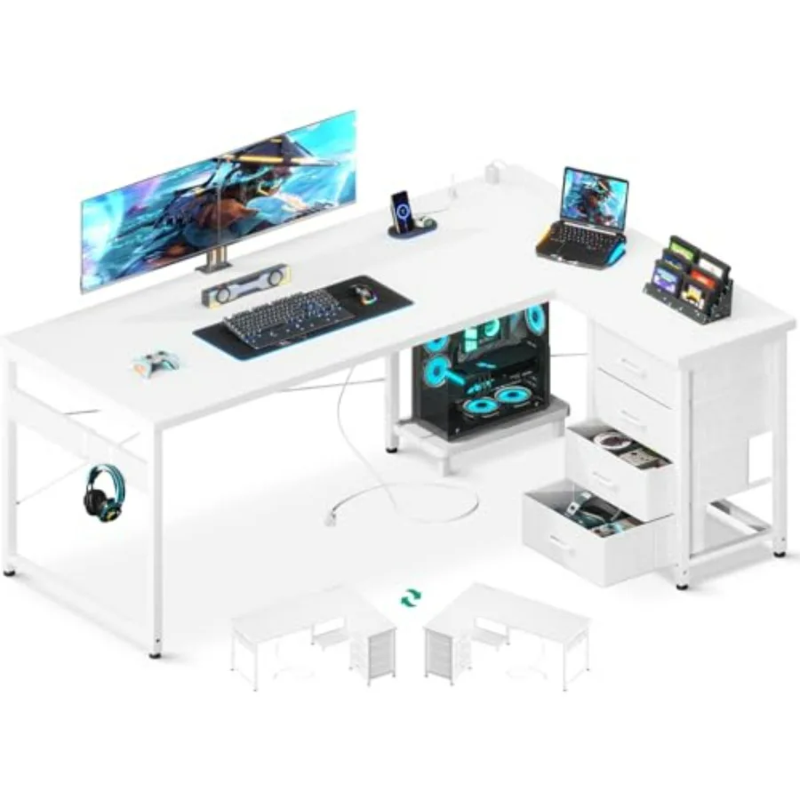 

61'' L Shaped Desk with 4 Drawers Reversible Corner Desk with Storage Gaming Table with Power Outlets USB Ports PC Case Shelf C