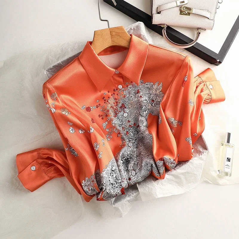 Satin Printed Women's Shirts Summer 2023 New Loose Vintage Blouses Long Sleeves Ladies Clothing Silk Women Tops