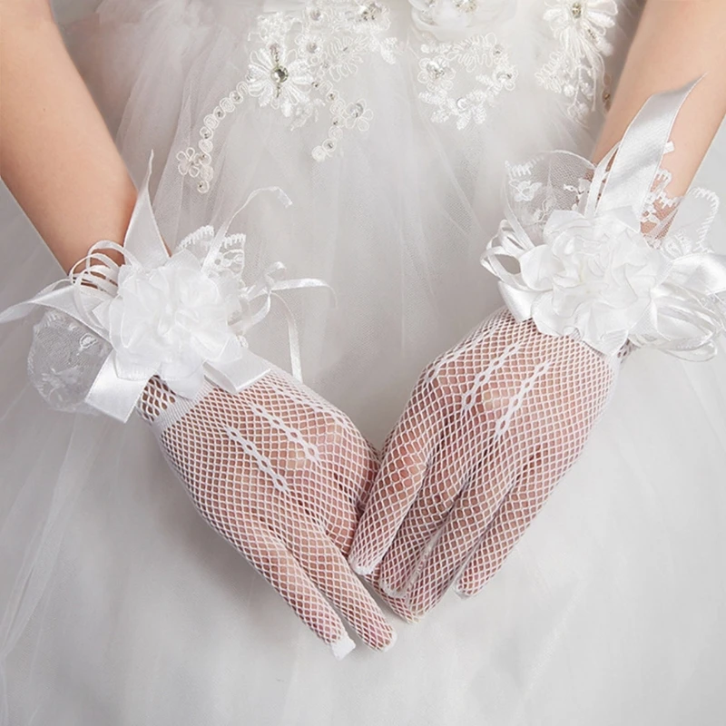 Women Bridal Gloves with Flower Decoration Short Mesh Gloves Party Gloves