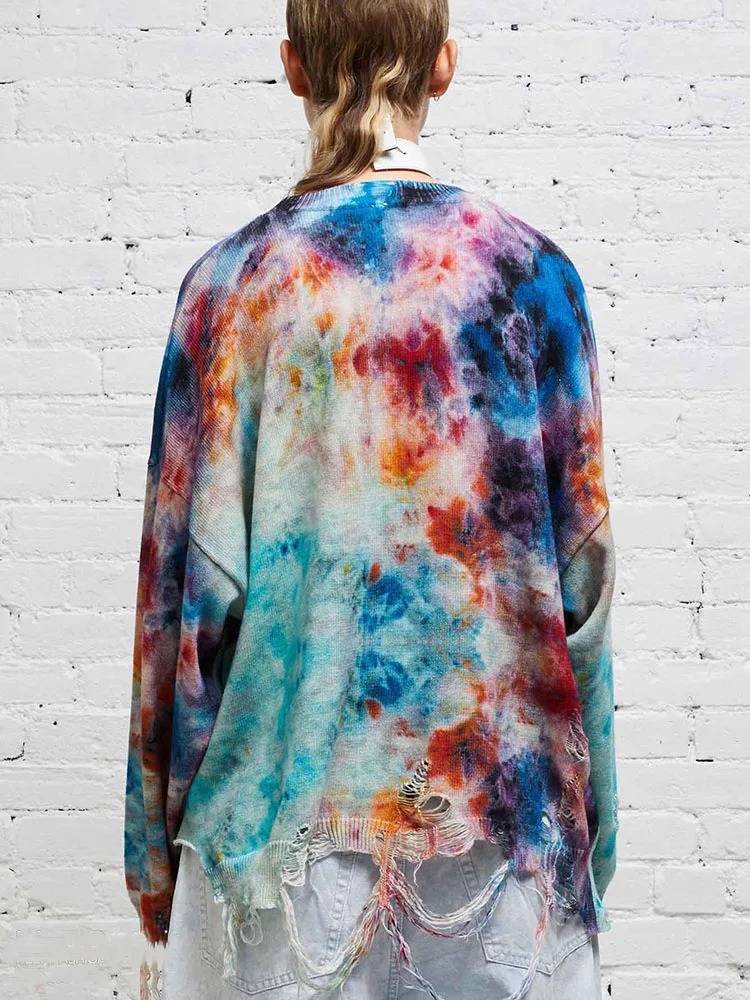 fall and winter rainbow tie-dye print torn loose pullover women2023korean fashion loose casual women\'s cold sweaters for winter