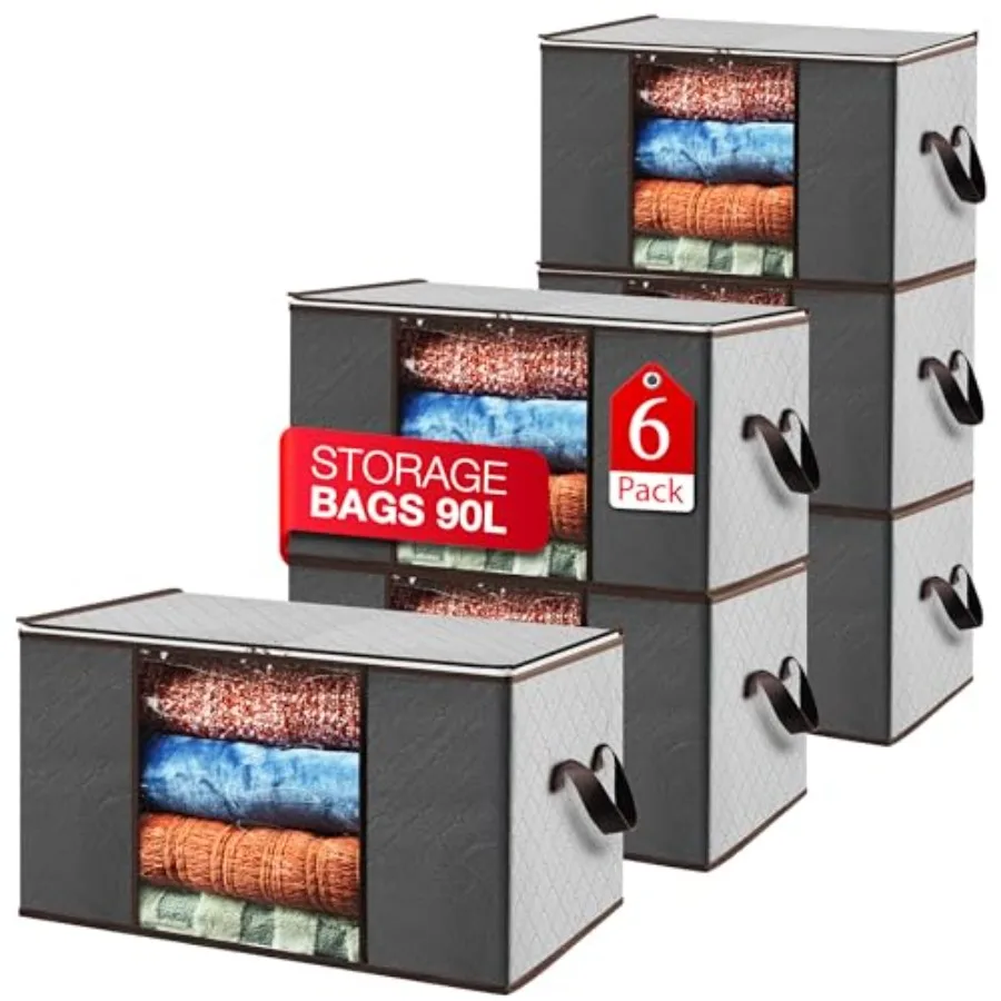

Storage Bags For Clothes - 6-Pack Collapsible Organizers for Blankets Bedding and Clothes - Large 90L Zip Bags with Handles - C