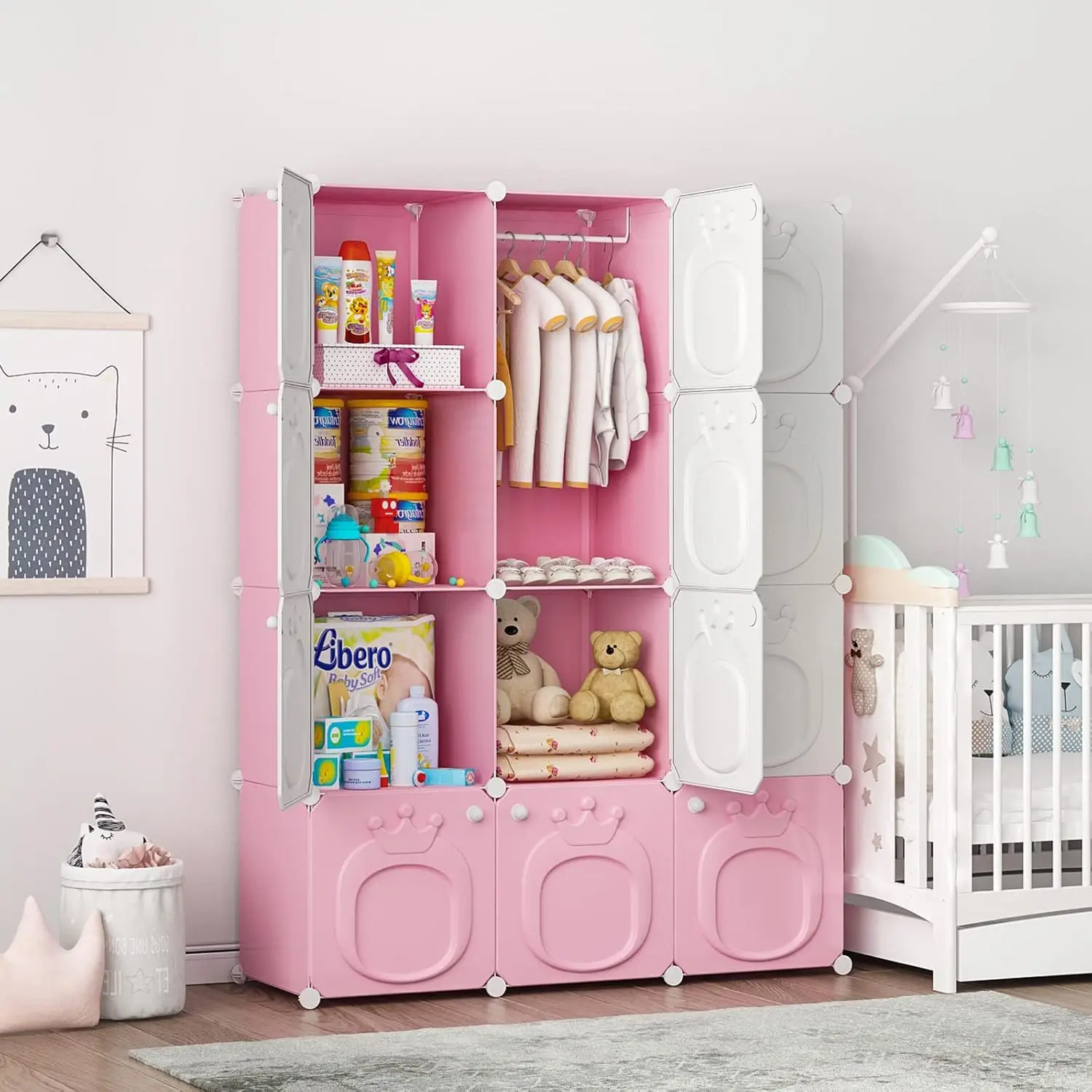 

MAGINELS Kids Wardrobe Closet,Baby Closet Cabinet with Door.Baby Girls Closet Armoires Organizer for Bedroom.Two Open