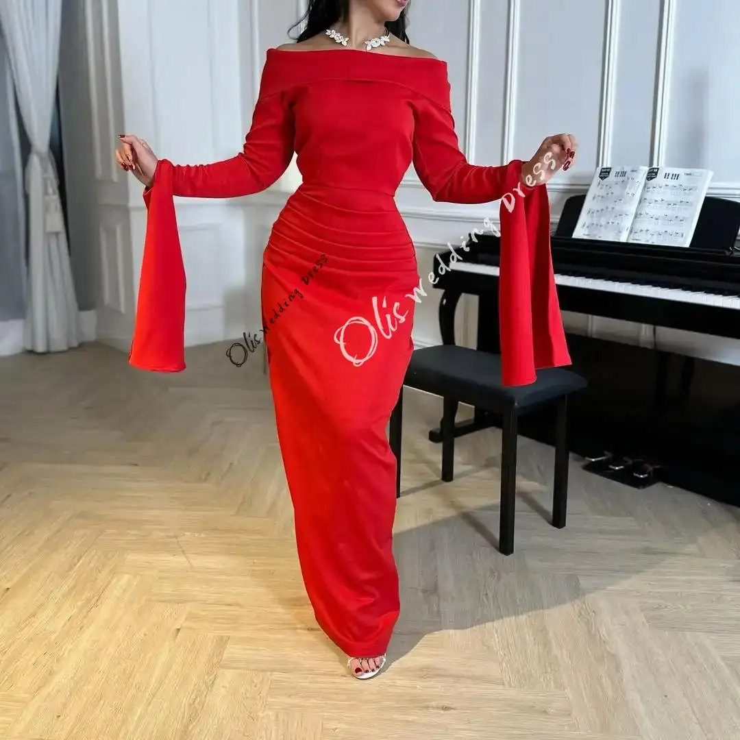 

customizedElegant Mermaid Long Sleeves Prom Dresses Off The Shoulder Floor Length Pleated Party Dresses Evening Dresses