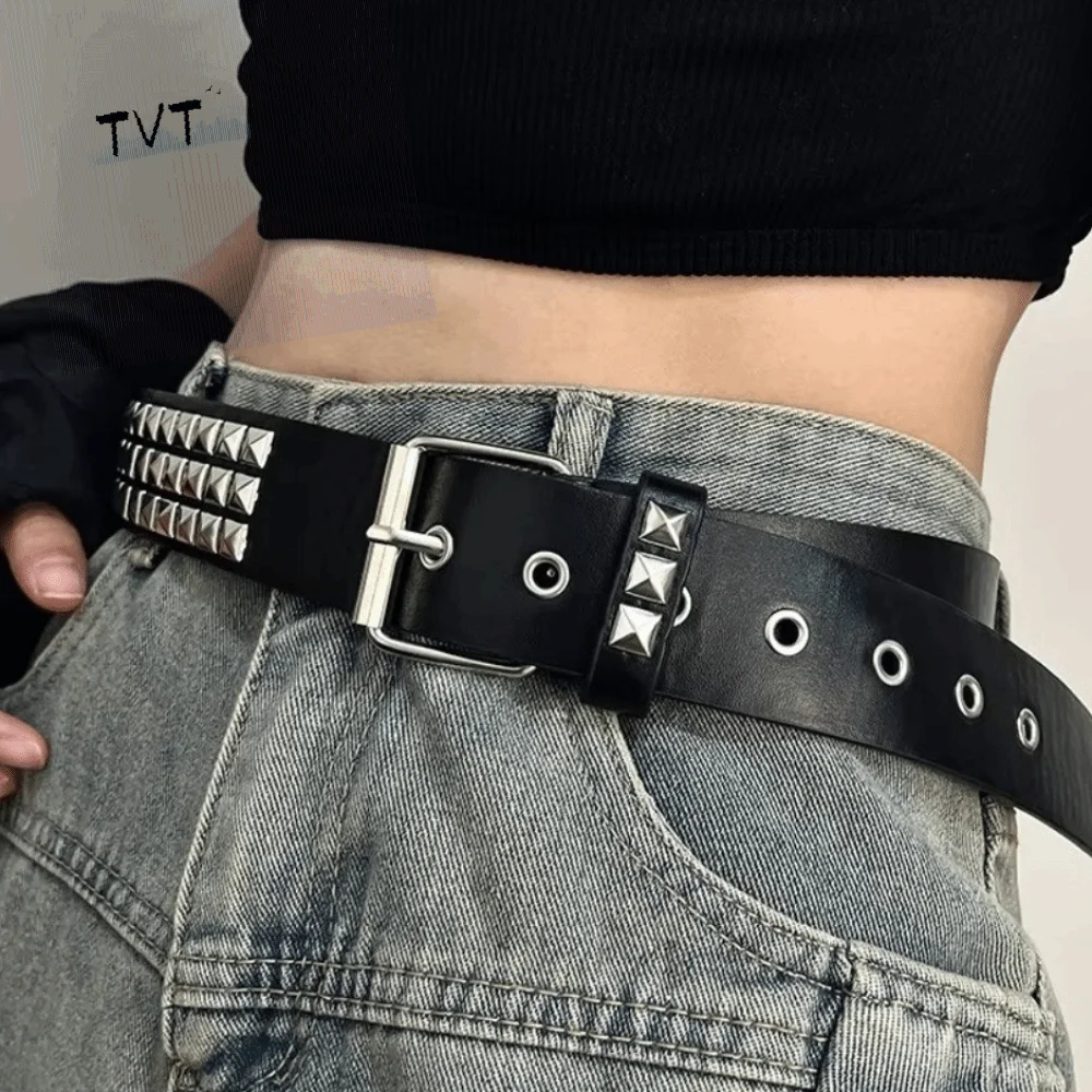 

Vintage Punk Rivet Belt PU Leather Stainless Steel Buckle Metal Gothic Waistband Metal Decorative Y2K Pyramid Belt