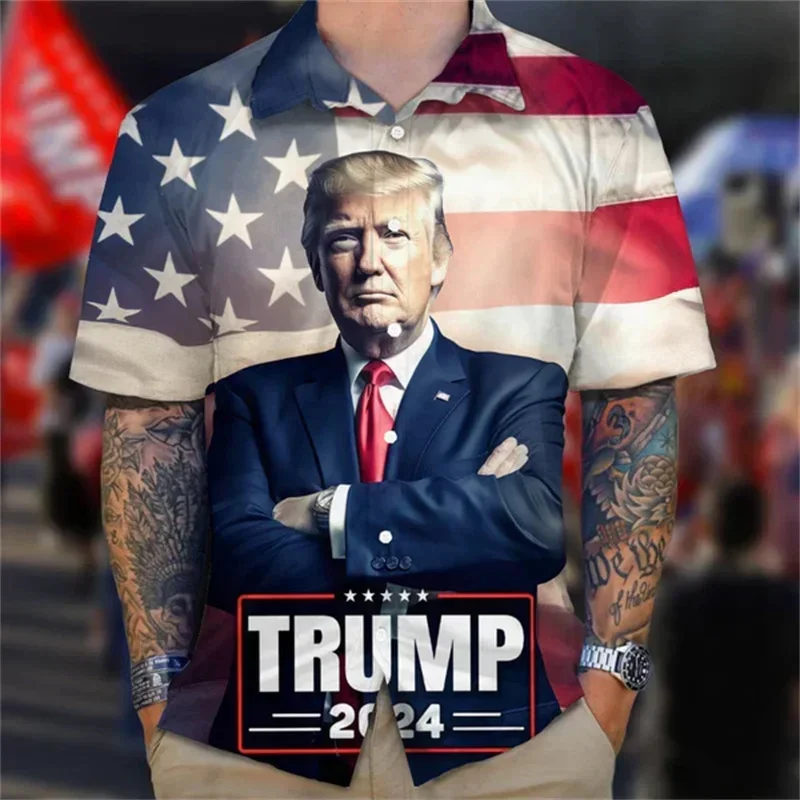 Newest Donald Trump Fighting Graphic Hawaiian Shirt Men USA Patriotic 3D Printed Aloha Shirts Fashion Blouses Street Lapel Tops