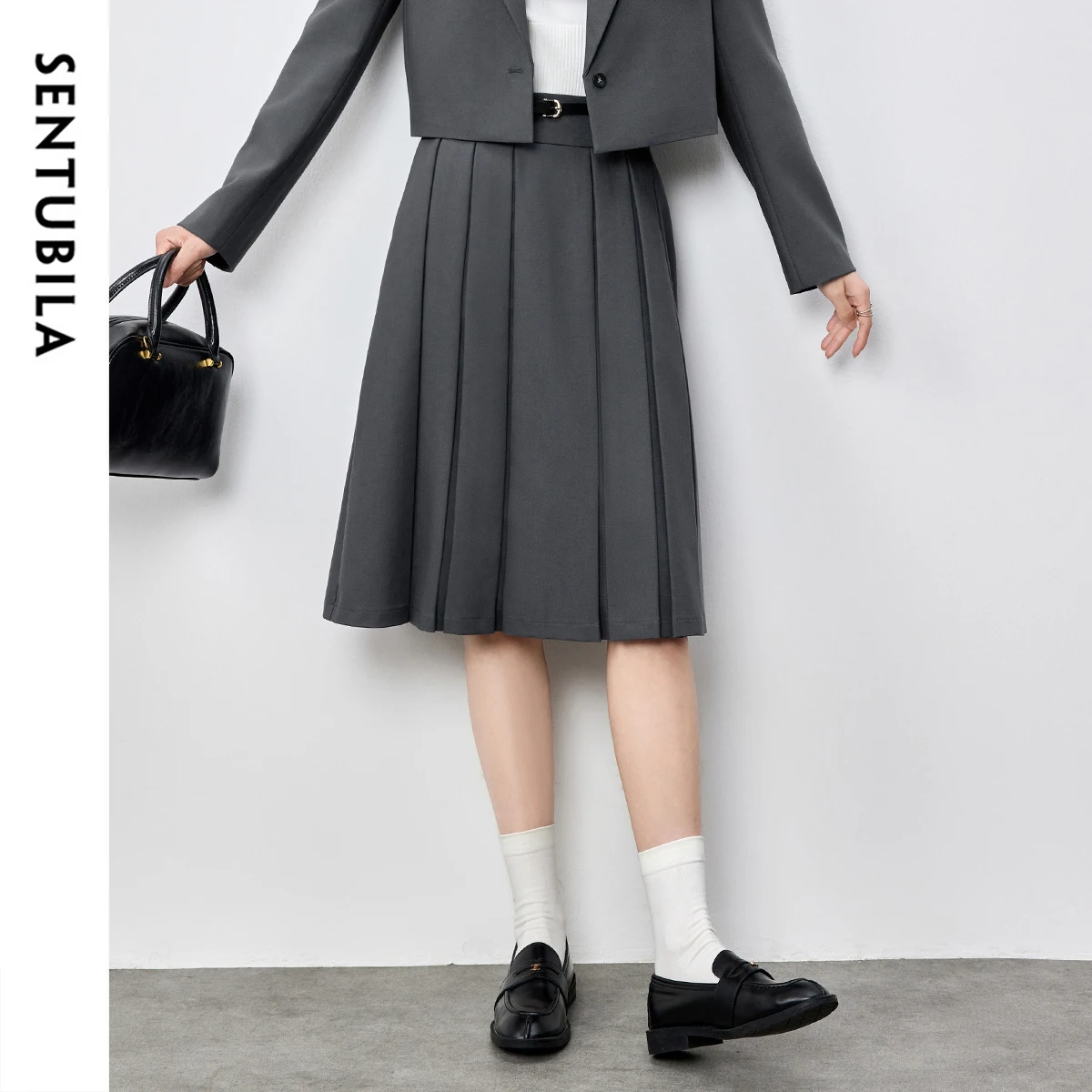 

SENTUBILA Grey Pleated Skirts for Women 2025 Summer Preppy Style Texture Casual A-Line Skirts Elegant Midi Skirts 151Q58822