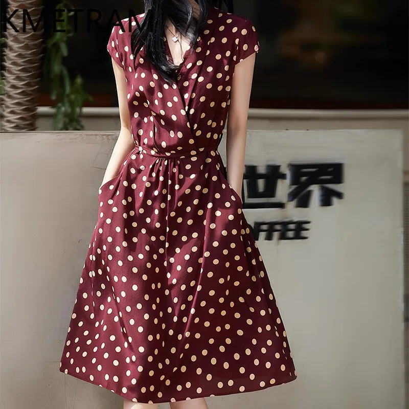 

KMETRAM 100% Mulberry Silk Dresses Woman Polk Dot Elegant Dresses for Woman Clothes High Quality Lace-up Summer Dress Robe Femme