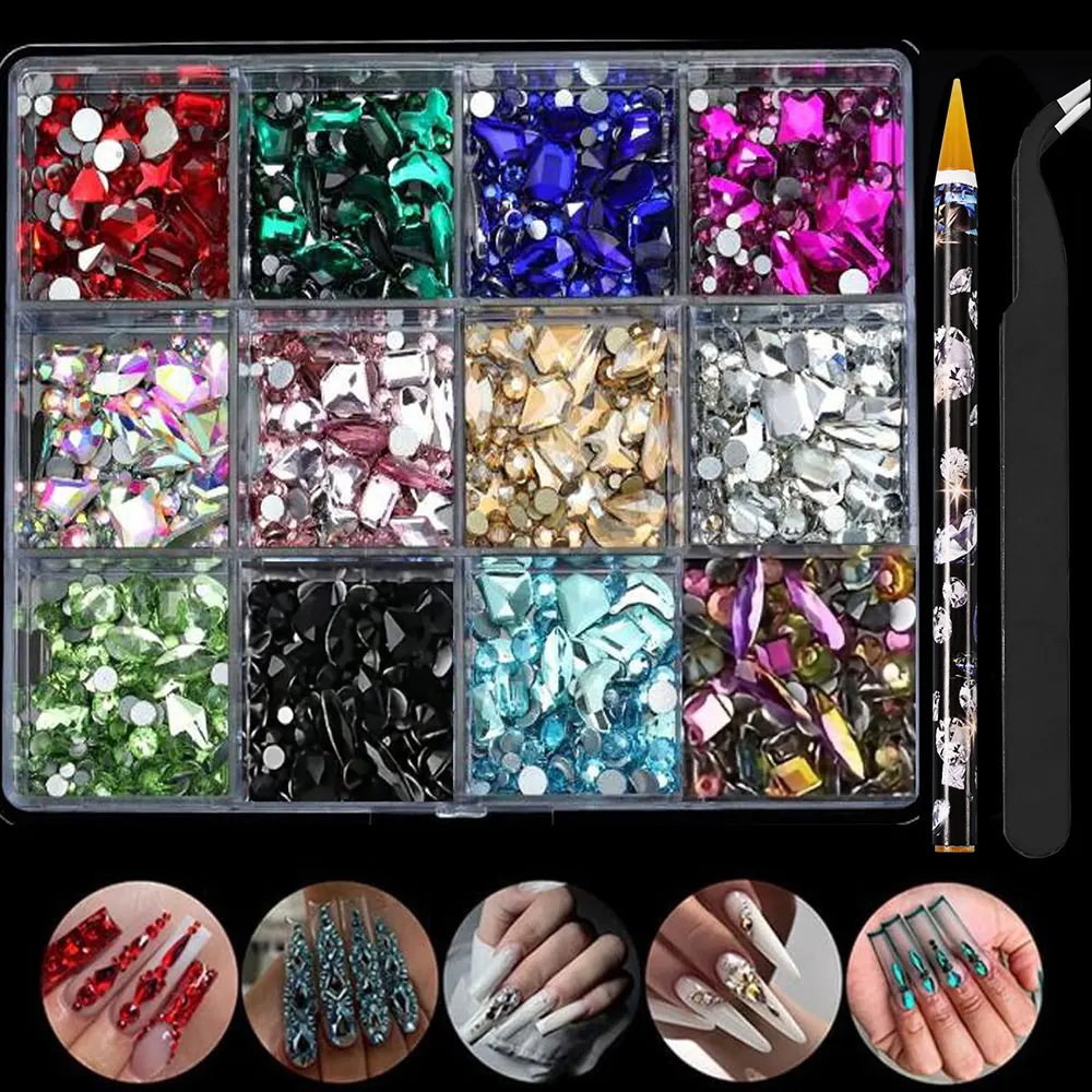 12グリッドクリアマルチシェイプネイルダイヤモンドジュエリーセット1500個+フラットバックガラスラウンドネイルラインストーンラグジュアリークリスタルネイルアートデコレーション