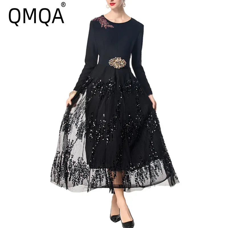 

QMQA Fashion Women's Sequin Mesh Patch Dresses O-neck Long Sleeved Beaded Waist Belt Office Dress Autumn New Clothing 1A827