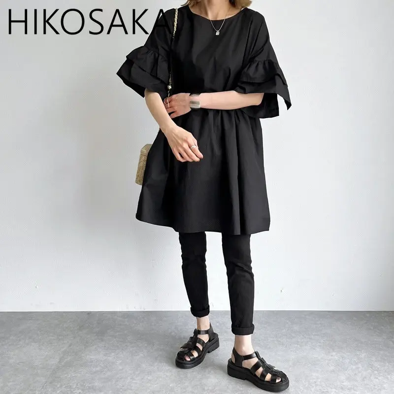 Double Layer Ruffles Short Sleeve Shirt Dress Solid Loose Casual Mini Robe Femme Elegant Patchwork Japanese O-neck Vestidos