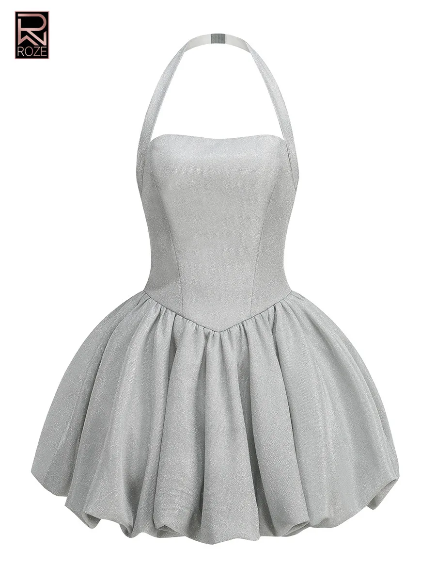 

Glamorous Sexy Halter Dress with Dramatic Ruffle Skirt - A Fashion-Forward Pleated Party Gown for Women's Evening Celebrations