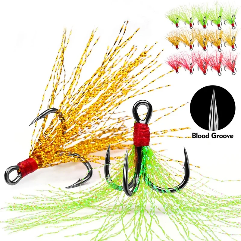 5Pcs 10Pcs Fishing Treble Hooks 4X Strength With Feather Tackle Fishing Hook Stronger Carbon Steel Barbed Fishhooks Pesca