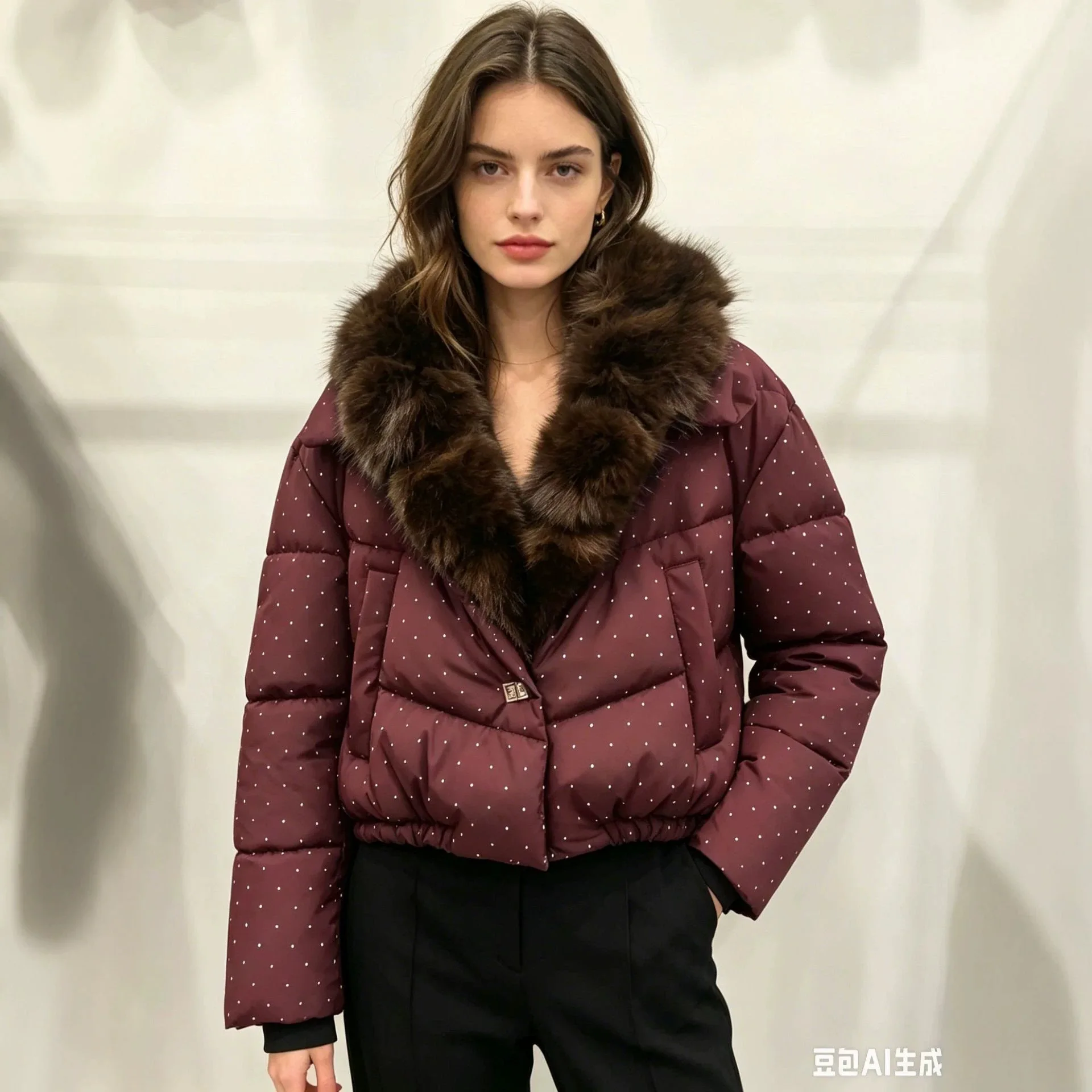 Women Chic Faux Fur Collar Cotton Padded Coat Elegant Long Sleeve Elastic Hem Warm Jacket 2026 Winter New Street Female Clothes