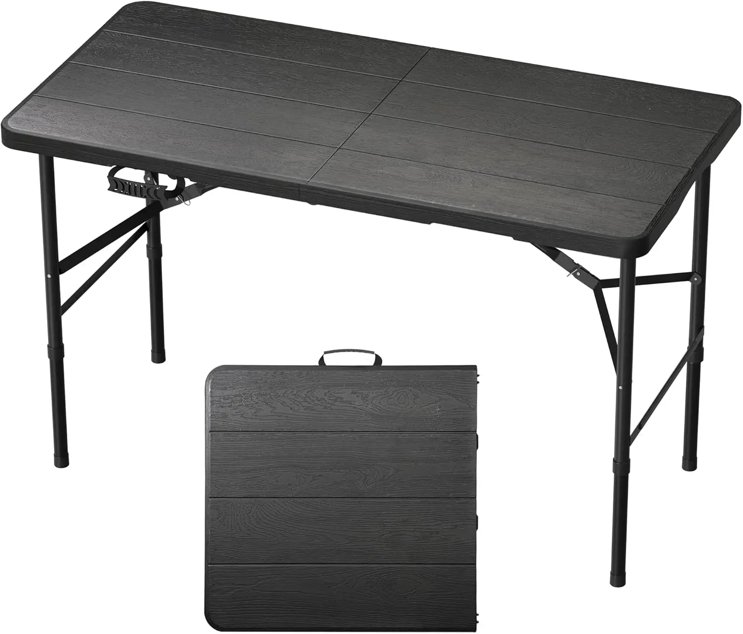 

4FT Folding Table, Adjustable Height, 400lbs Capacity, Wood Grain Top for Indoor Outdoor Use - Black