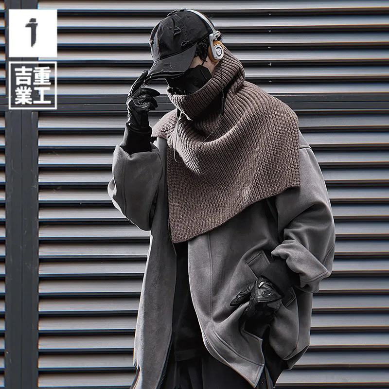 11 BYBB'S DARK 2024 Suede O-Neck Coat Men Scarf Design Solid Color Coats Jacket Loose Jackets Streetwear Techwear