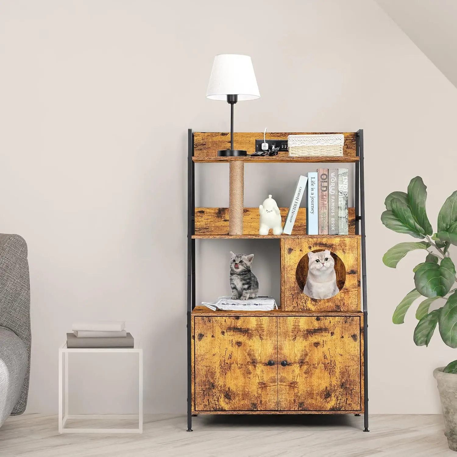 Cat Litter Box Enclosure with 2 Storage Shelves Enclosure Furniture with Charging Station,Cat Washroom with Cat Tree Tower