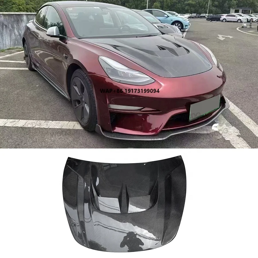 

Robot H Style Carbon Fiber Front Hood Bonnet for-Tesla Model 3 2017-2022 Front Bumper Engine Hood Vent Cover Body Kit