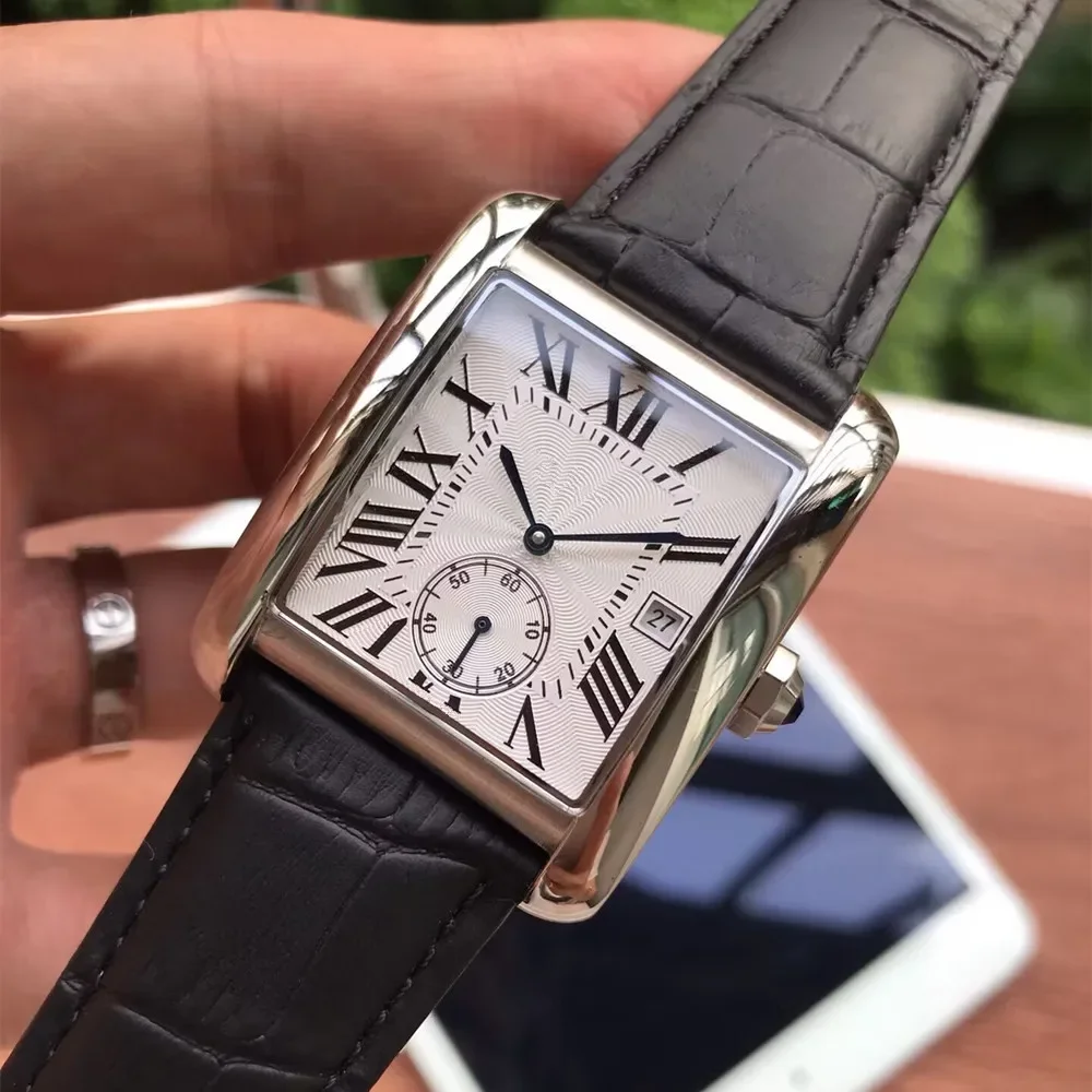 

Luxury Top Quality Original Tank Automatic Mechanical Watch Calendar Square Simple Diamond Stainless Steel Leather Men's watch