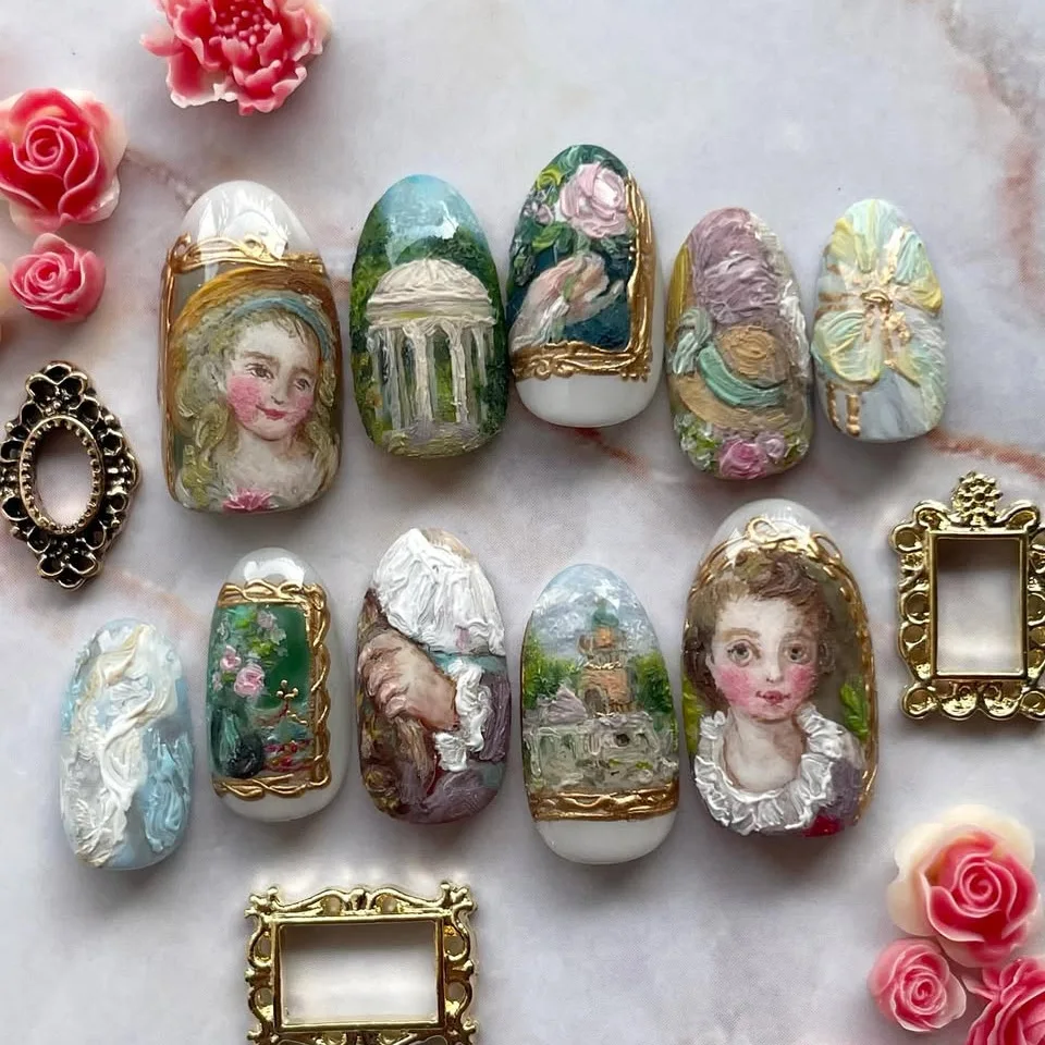 

24PCS Glossy Almond False Nails Classical Fairytale Angel Retro Oil Painting Pattern Press on Nails Full Cover Wearable Manicure