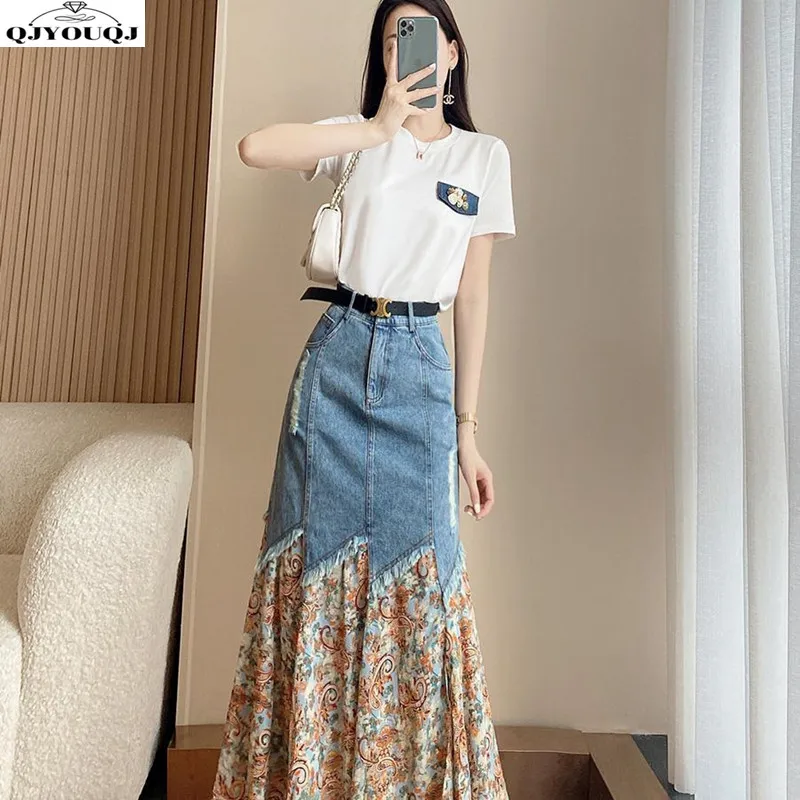 Sweet Set Skirt High Grade Sister Two Piece Set Paired with 2024 Spring/Summer New T-shirt Top+Denim Skirt