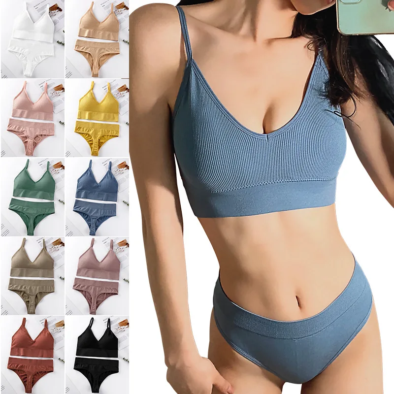 Women Seamless Bra Set Sexy 4Sizes Thong Low Waist Panties No Wire Push Up Vest Bralette Lingerie Brassiere Female Underwear Set image 2