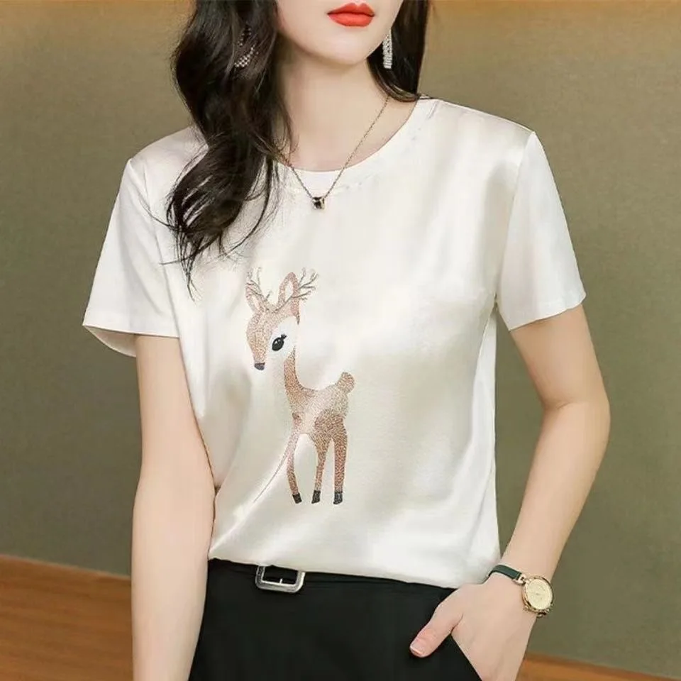 

Women Spring Summer Style Blouses Tops Lady Casual Short Sleeve O-Neck Deer Printed Blusas Tops ZZ1314