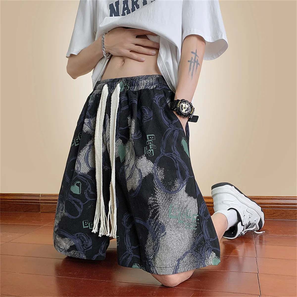 Cool Bear Print High Street Oversize Basketball Shorts for Men\'s Black Summer Korean Wide Leg Casual Gothic Shorts Boys