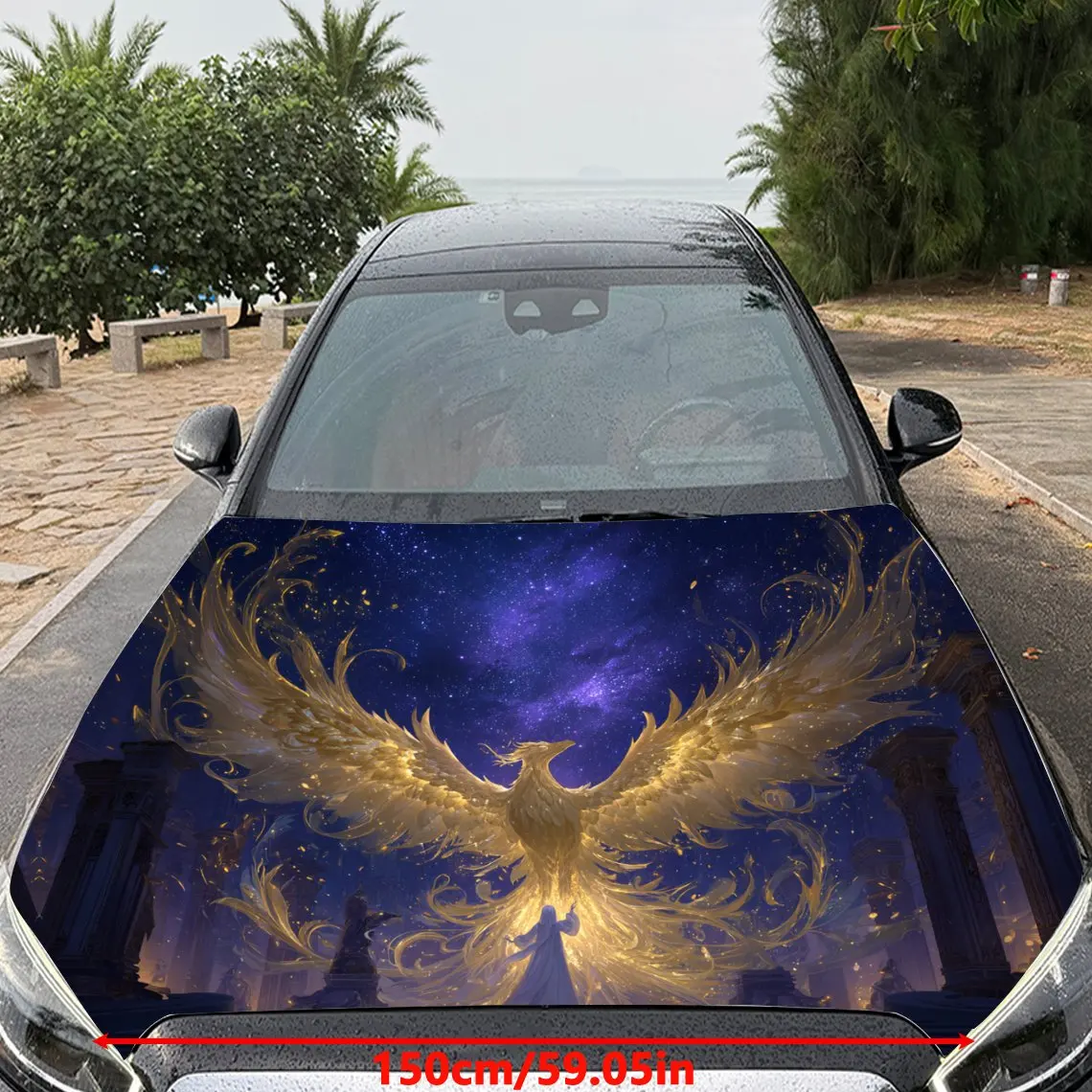 Golden Phoenix in Star Realm with Girl Car Vinyl Wrap, PVC Material Waterproof Car Hood Sticker, Self-Adhesive Scratch-Resistant