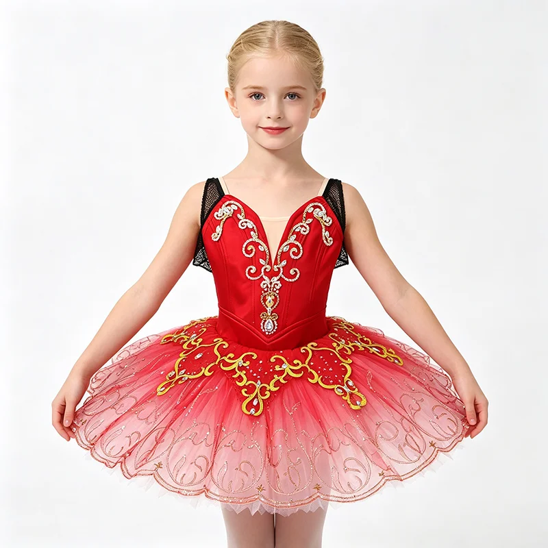 Womens Black Mesh Flutter Sleeve V Neck Ballet Tutu Performance Dress Gold Silver Rhinestone Scroll Embroidery Red Pink Gradient