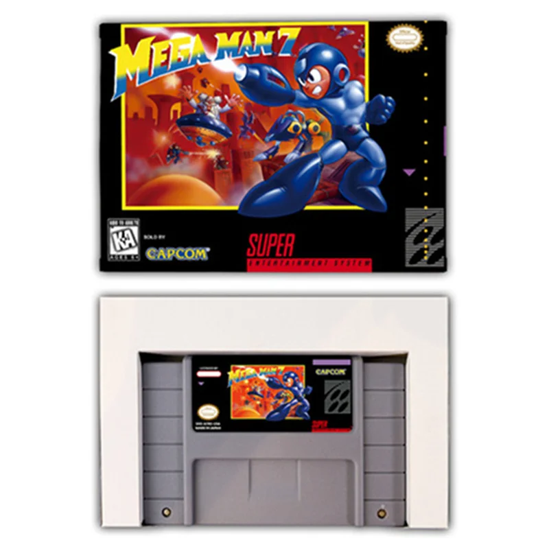 بطاقة ألعاب الحركة Mega Man 7 لـ SNES ، وحدات تحكم 16 بت مع صندوق البيع بالتجزئة ، خرطوشة ألعاب الفيديو ، EUR PAL USA NTSC