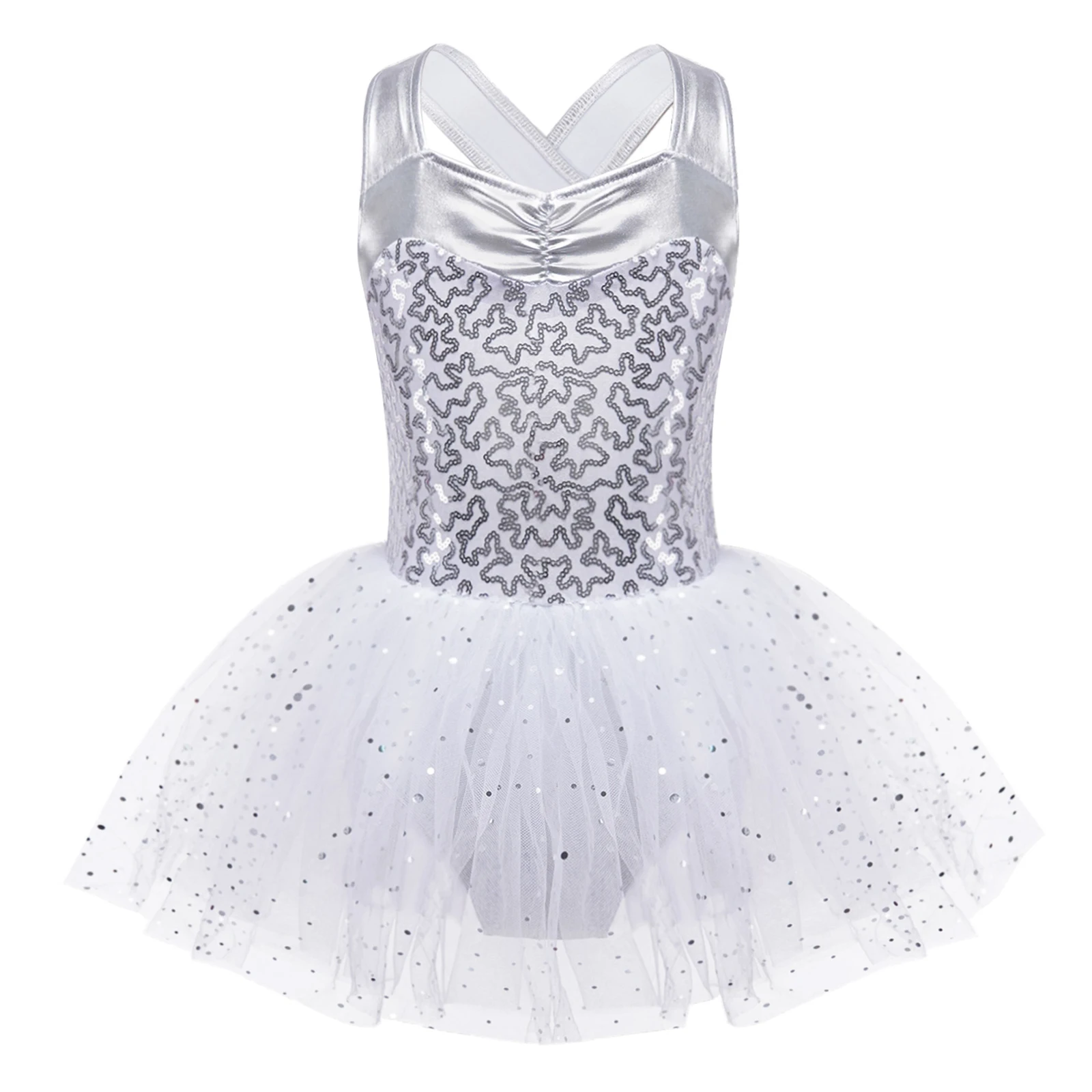 Kids Girls Sleeveless Shiny Ballet Dance Performance Dress Sequins Crisscross Back Leotard Tutu Mesh Dress Dancewear Costume