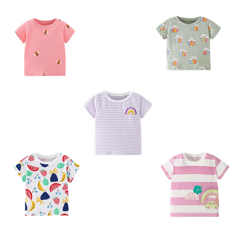 Striped 2-7T Rainbow Applique Summer Girls T Shirts Short Sleeve Kids Tees Tops  Baby Costume Children\'s Clothes Shirts