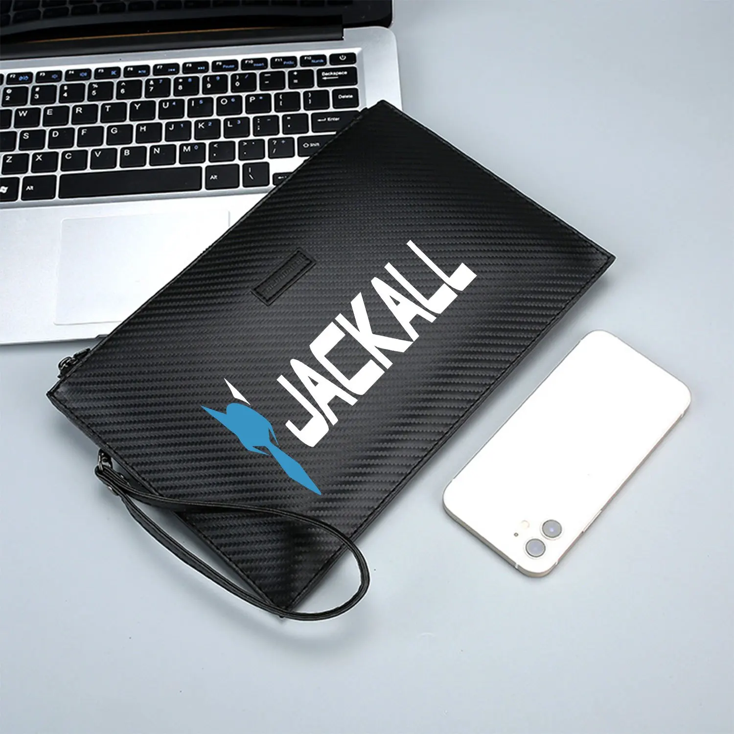 Blauw jackal gezicht en witte letters Elegant bedrukte PU herenhandtas Modieus en praktisch voor dagelijks gebruik