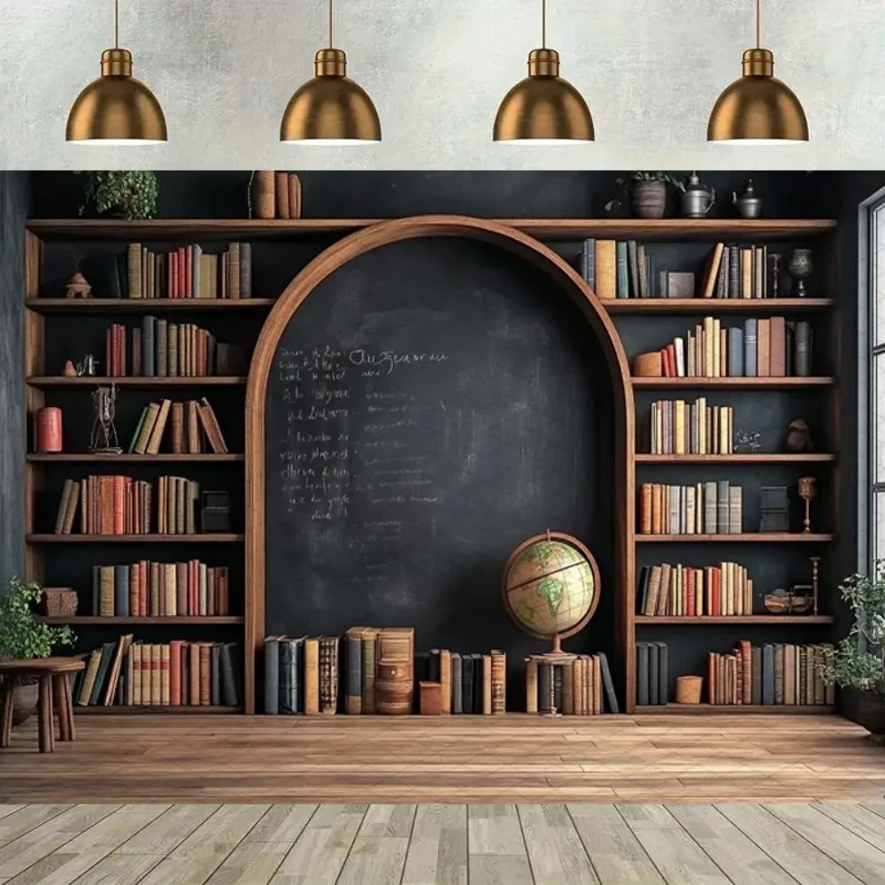 

Bookshelf Earth Research Blackboard Theme Banner Photography Background, School Student Portrait Photography Studio Background