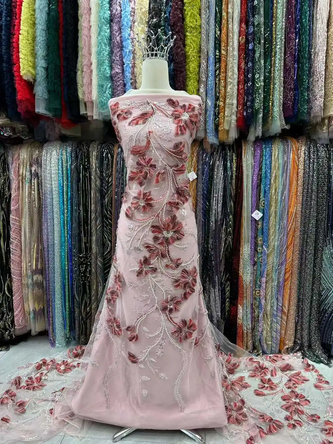 قماش دانتيل شيفون شبكي مطرز بالحجارة - نسيج أنيق نمساوي عالي الجودة لفساتين الحفلات المسائية لعام 2026NN1896_R