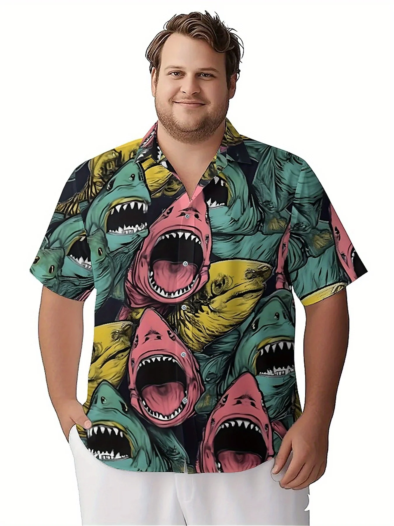 Men's Plus Size Hawaiian Shirts Shark Roar pattern, Summer Casual Tops, Suitable for Outdoor and Party, Streetwear