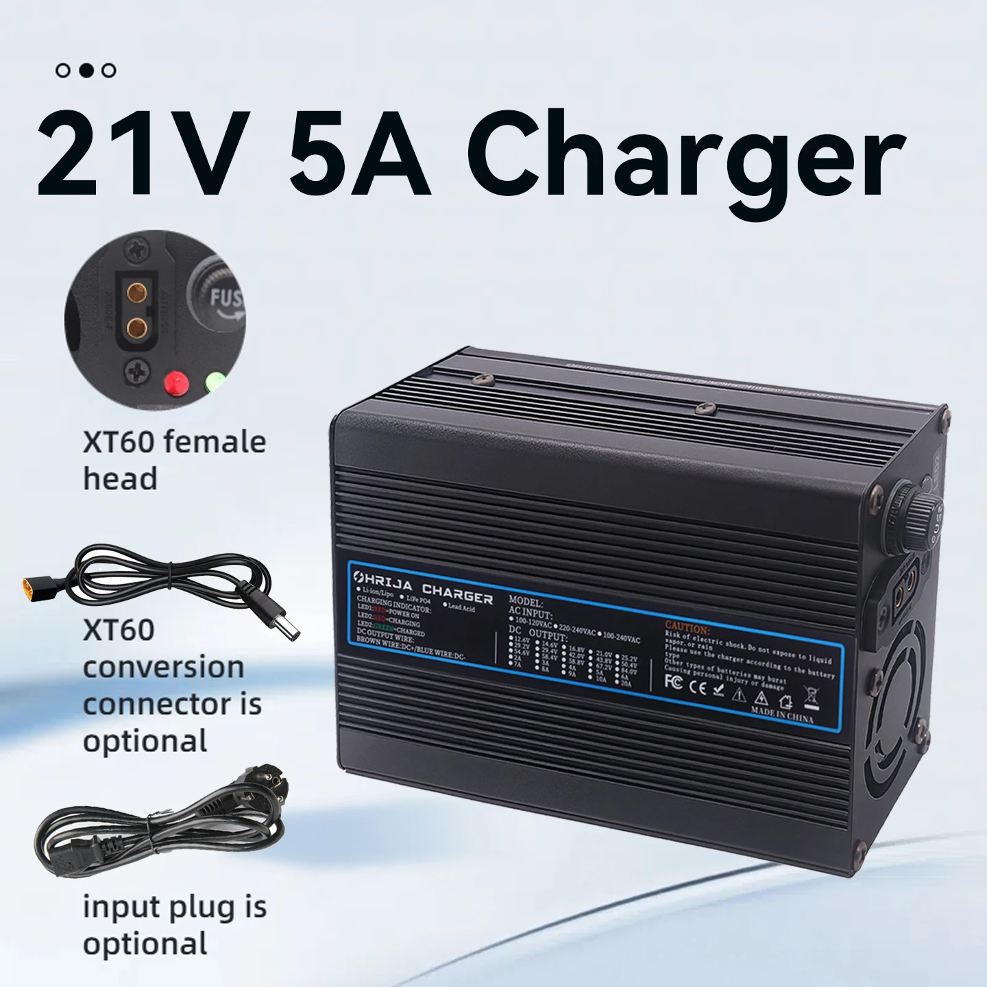 

21V 5A Lithium charger quick aluminum shell suitable 5S 18.5V & Interchangeable Connector Fast stabilization with cooling fan
