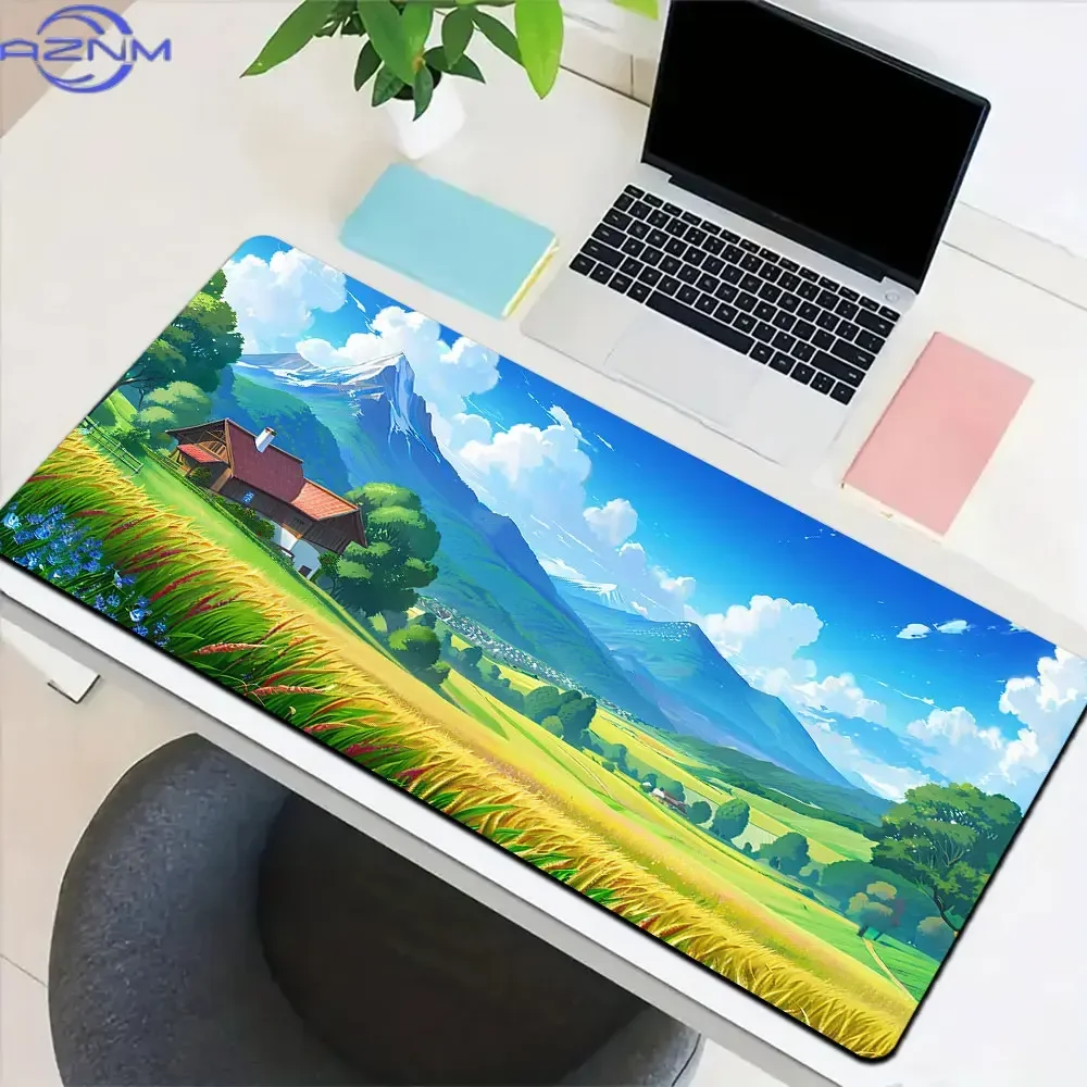 1pc Anime Countryside Mountain Landscape Large Desk Mat, Green Field Cabin Gaming Mouse Pad Non-Slip Rubber Base