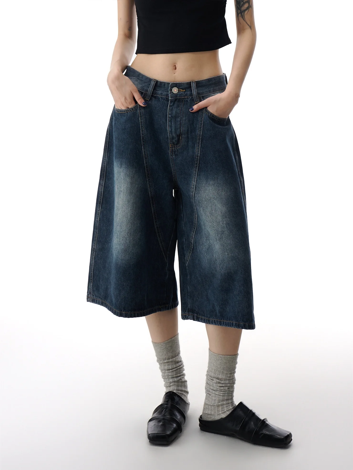 

Женские летние новые уникальные красивые свободные джинсовые шорты-брюки из выстиранного денима с широкими штанинами, длиной 7/8