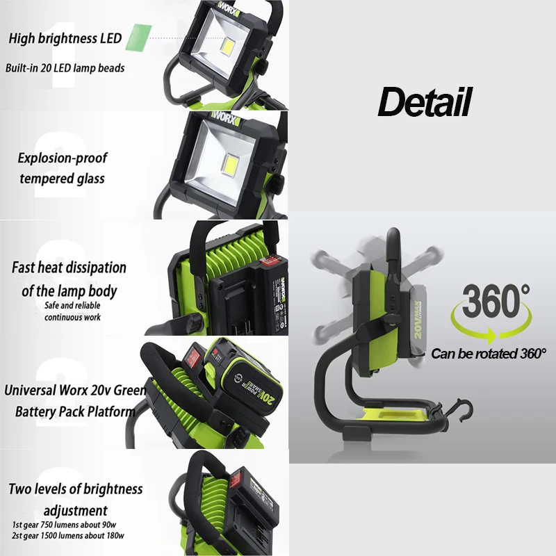 WORX – lampe de travail multifonction à batterie au Lithium WU026, projecteur Portable d'extérieur Rechargeable à large Interface