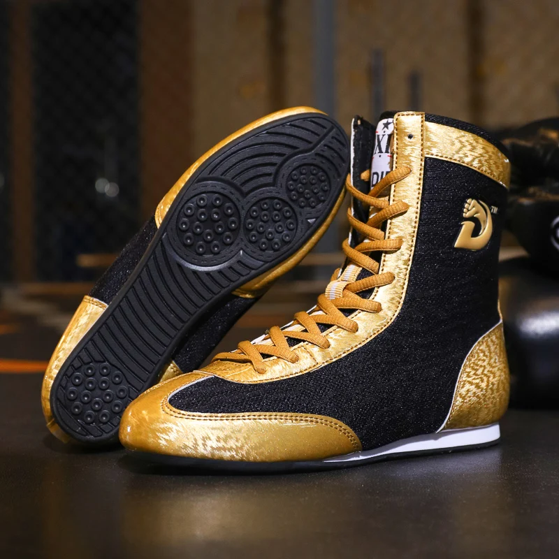 Professional Children Wrestling Shoes Black Gold Kid Athletic Boxer Fight Training Sneaker High Top Boy Girl Boxing Shoes 23118