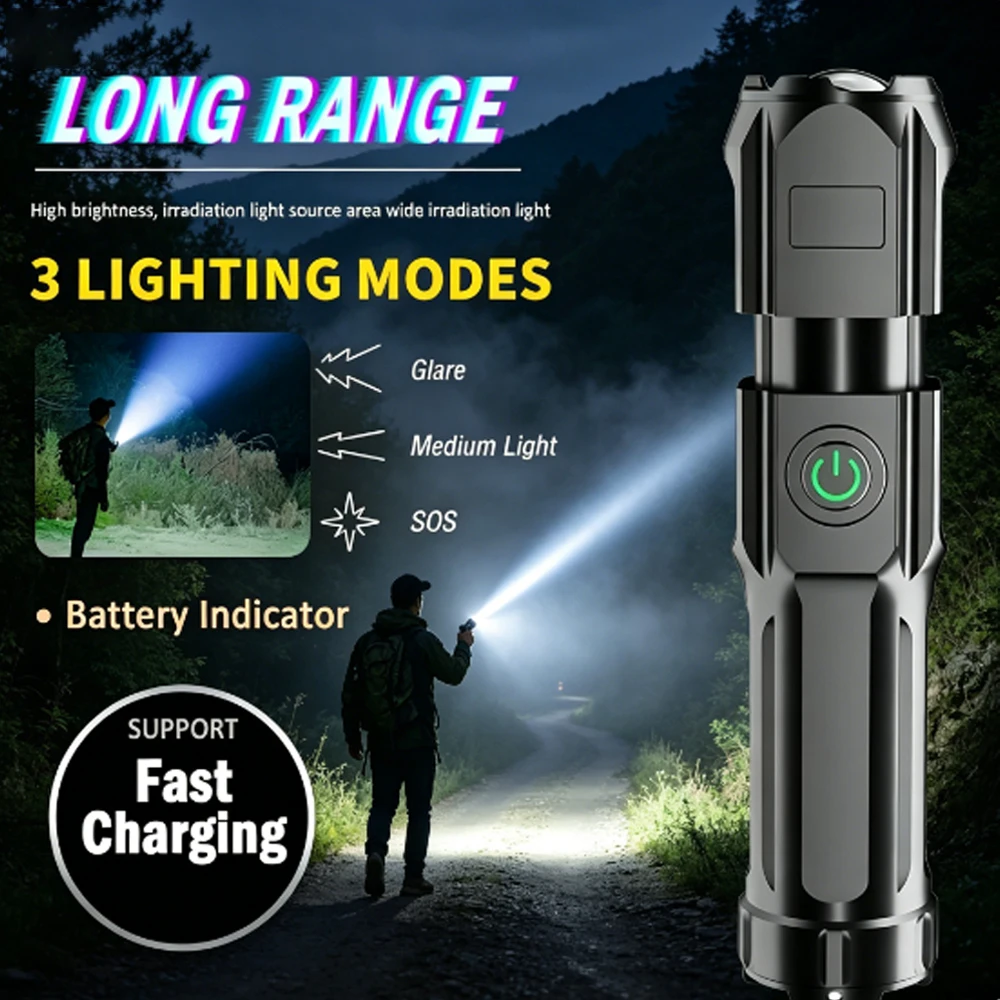 100000 Lumen Super Bright Tactical LED Torch Rechargeable Flashlight Waterproof Outdoor Fishing Hunting Camping Emergency Use